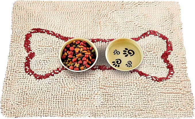 Soggy Doggy Slopmat - Water Absorbing Door Mat for Food and Water - Microfiber Chenille Rug for Muddy Paws and Messy Eaters - Machine Washable (Beige/Red Bone, 18” x 24″)