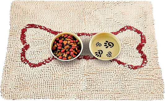 Soggy Doggy Slopmat - Water Absorbing Door Mat for Food and Water - Microfiber Chenille Rug for Muddy Paws and Messy Eaters - Machine Washable (Beige/Red Bone, 18” x 24″)