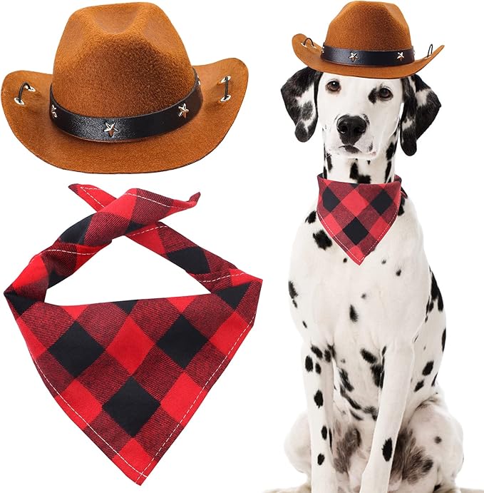 Yewong Pet Cowboy Costume Accessories Dog Cat Pet Size Cowboy Hat and Bandana Scarf West Cowboy Accessories for Puppy Kitten Party Festival and Daily Wearing Set of (Coffee hat+red bib)