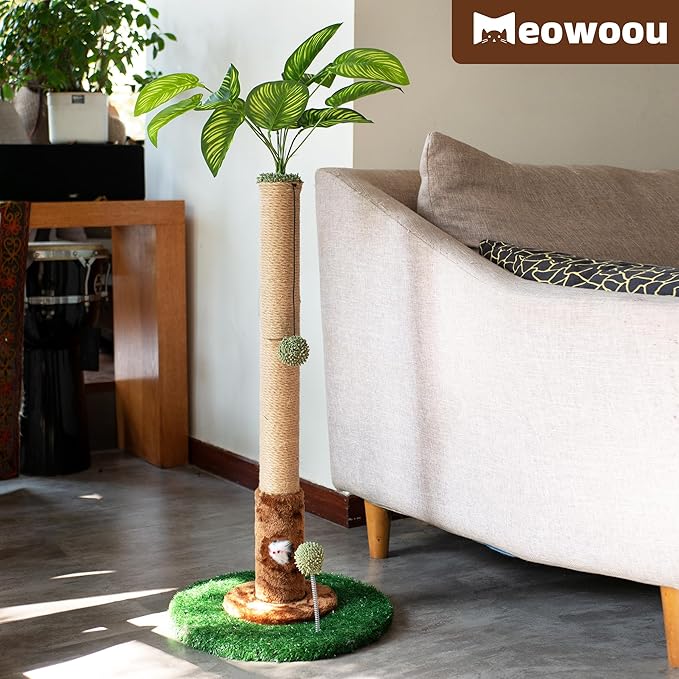 Meowoou Cat Scratching Post for Indoor Cats with Cat Toy Mouse Hole and Interactive Hanging Ball,32 inch Tall Cat Scratcher Palm Cat Tree Tower with Sisal Rope for Indoor Kitten
