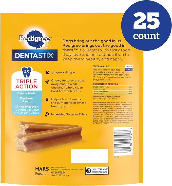 Pedigree Dentastix Small & Medium Breed Dog Treats, Original with Real Chicken, 13.93 oz. Bag (25 Treats)