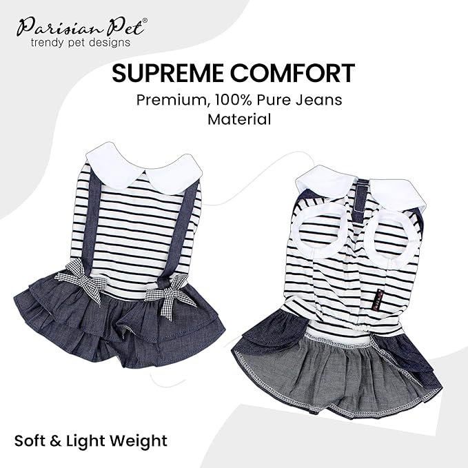 Parisian Pet Dog Dress - Preppy Girl Clothes, Stylish Chambray Skirt Summer Outfit - Lightweight Overall, Sleeveless for Small Girls XS