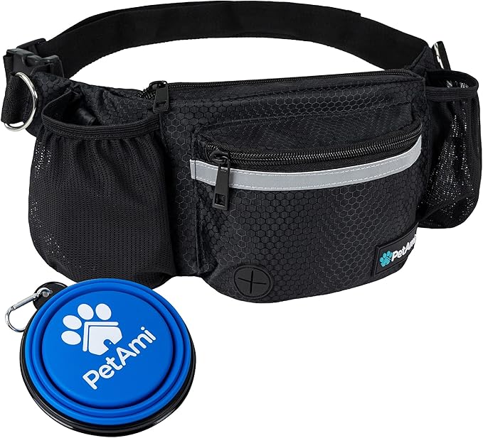 PetAmi Dog Fanny Pack, Treat Pouch for Dog Walking, Training, Built in Poop Bag Dispenser, Water Bottle Holder, Collapsible Bowl, Pet Treat Waist Belt for Hiking, Running, Kibbles (Black)