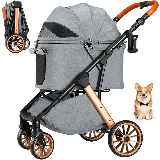 MAMIZO Foldable Dog Stroller for Medium Small Dogs Cats Up to 55 Lbs, Aluminum and Carbon Steel Frame Pet Stroller, Height-Adjustable Handle Puppy Strollers with Zipperless Design, Shock Absorbers