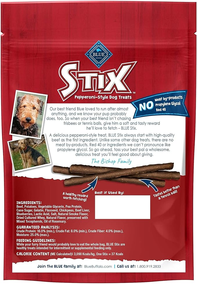 Blue Buffalo Stix Natural Soft Moist Dog Treats Beef Recipe Bag