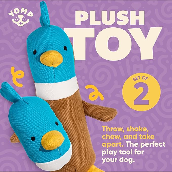 Yomp Plush Duck Dog Toy – Durable Stuffed, No Squeaker Dog Toys with Natural Canvas and Crinkle Paper – Interactive Stuffed Animal for Dogs (2-Pc Quacker Set)