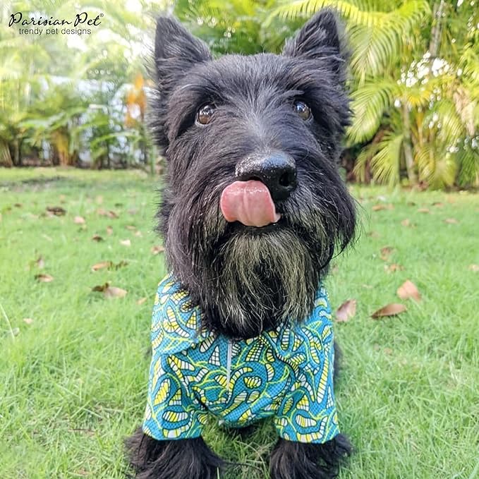 Parisian Pet Tribal Leaves Summer Dress - Ruched Waist Beach Outfit for Large Dogs - Lightweight Puppy Clothes - Girl L