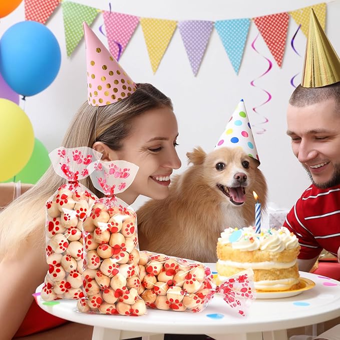 Blulu 100 Pieces Dog Treat Bags Puppy Party Favor Pet Paw Cone Cellophane Bags Candy Heat SealableDog Paw Gift with 100 Pieces Silver Twist Ties for Pet Cat Treat Party Favor(Red)