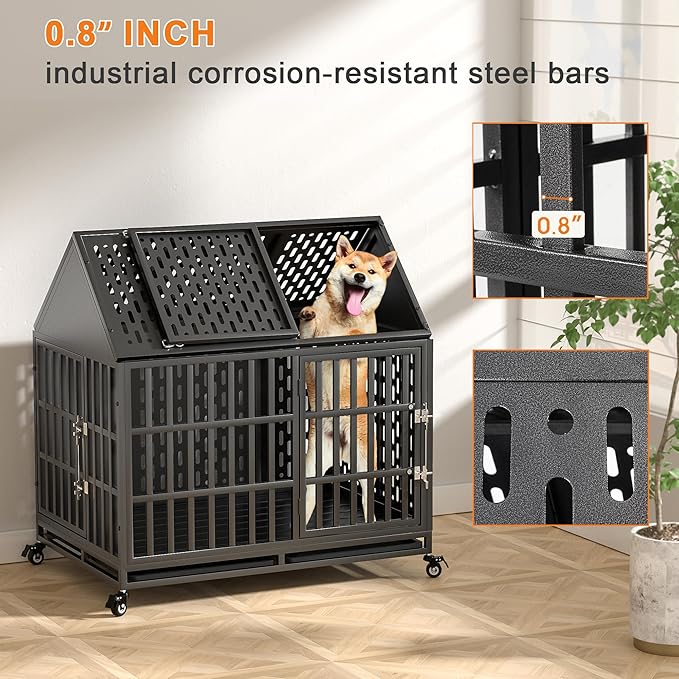42 Inch Heavy Duty Dog Crate with Self-Locking Latch for High Anxiety Dogs, Indestructible Large Kennel Indoor with Pointed Roof, Removable Trays and Lockable Wheels, Chew Proof Cage