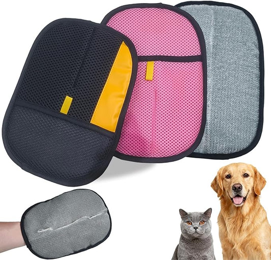 2Pcs Pet Hair Removal Gloves - Large Size Electrostatic Reusable Grooming Glove for Dog Cat Shedding, Washable Fur Remover for Furniture & Laundry (Black/Yellow + Pink)