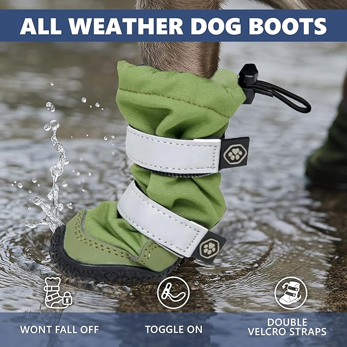 Spark Paws Dog Shoes, Waterproof Dog Boots for Medium to Large Dogs, Non Slip, Breathable Dog Booties and Paw Protectors - 4PCS Doggie Hiking Boots with Reflective Straps - Green, Size 8