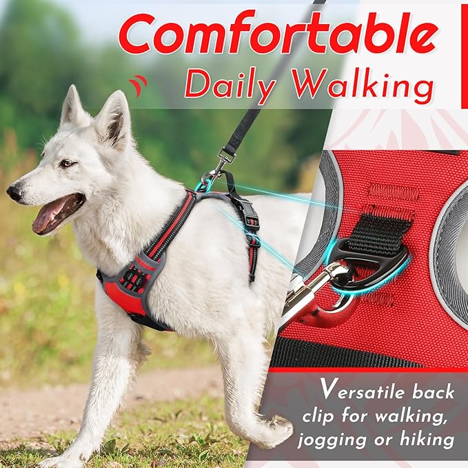 Eagloo Dog Harness for Large Dogs, No Pull Service Vest with Reflective Strips and Control Handle, Adjustable and Comfortable for Easy Walking, No Choke Pet Harness with 2 Metal Rings, Red, L
