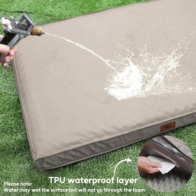 Outdoor Large Dog Bed, Waterproof Dog Bed for Large Dogs, Egg Crate Foam Pet Bed with Removable Washable Oxford Cooling Cover, Khaki