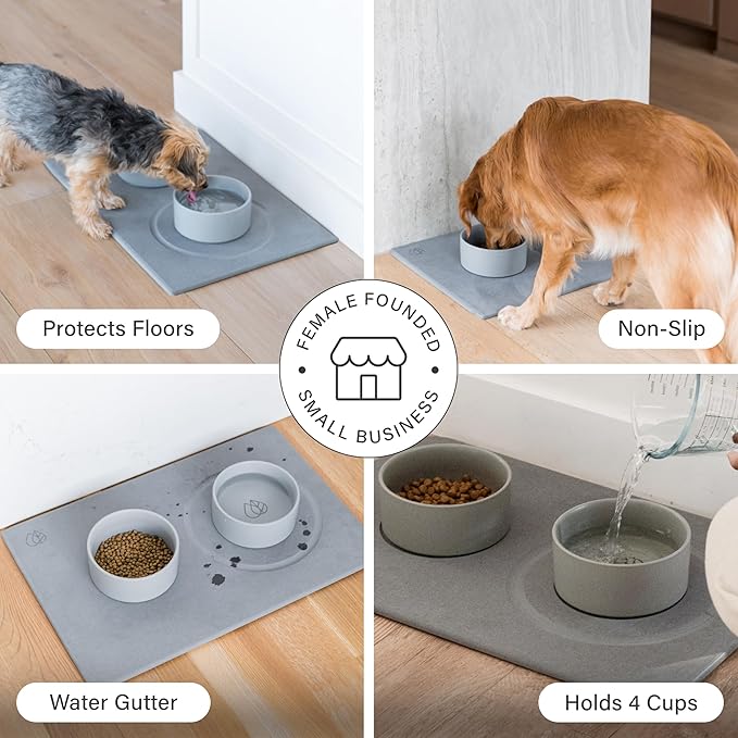 Dorai Home Ceramic Dog Bowls with Stone Drying Mat – Diatomaceous Earth Stone Mat with Non-Slip Base, Quick-Drying Pet Bowl Set for Medium Dogs, Ceramic Dog Water Bowl & Food Dish Set (23.6" x 15.4")