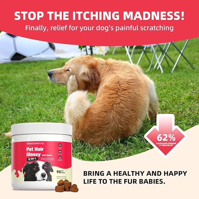 Collagen for Dogs - (90 Chews) - Beef|Flavor Itchy Skin & Allergies | Itch Relief for Dogs, Reduces Shedding & Supports Joint Health | with Probiotics, Omega 3 EPA DHA