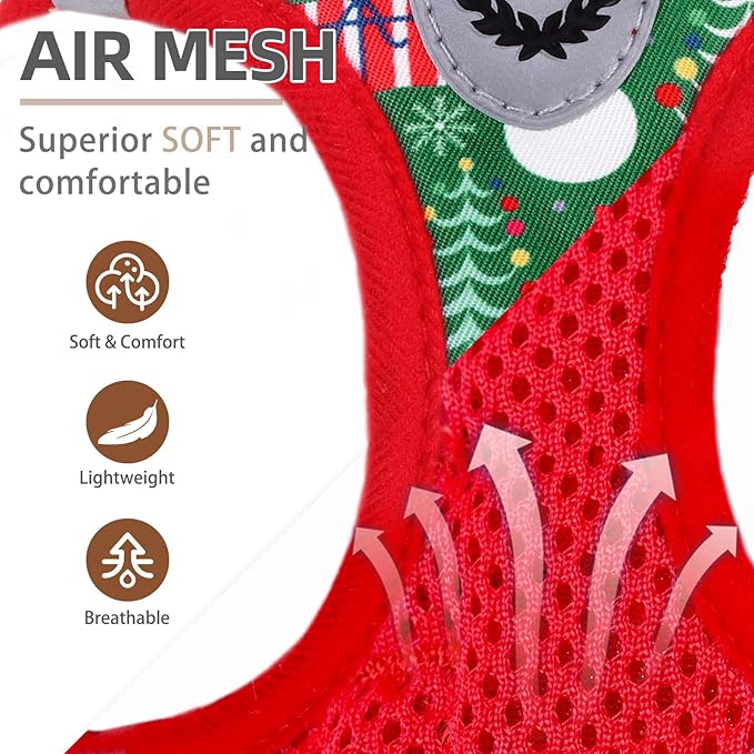 PUPTECK Adjustable Dog Harness Collar and Leash Set Step in No Pull Pet Harness for Small Medium Dogs Puppy and Cats Outdoor Walking Running, Soft Mesh Padded Reflective Vest Harnesses, Christmas, S