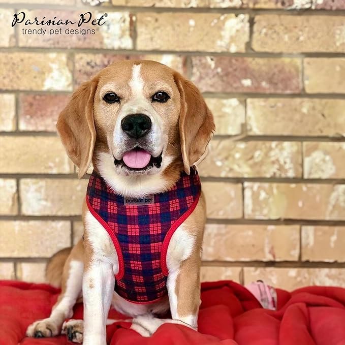 Parisian Pet Adjustable Plaid Red Dog Harness - 100% Mesh Fabric No Pull Vest for Small-Sized Dogs - Cooling for Walking, Running, and Hiking - Puppy Harness - S