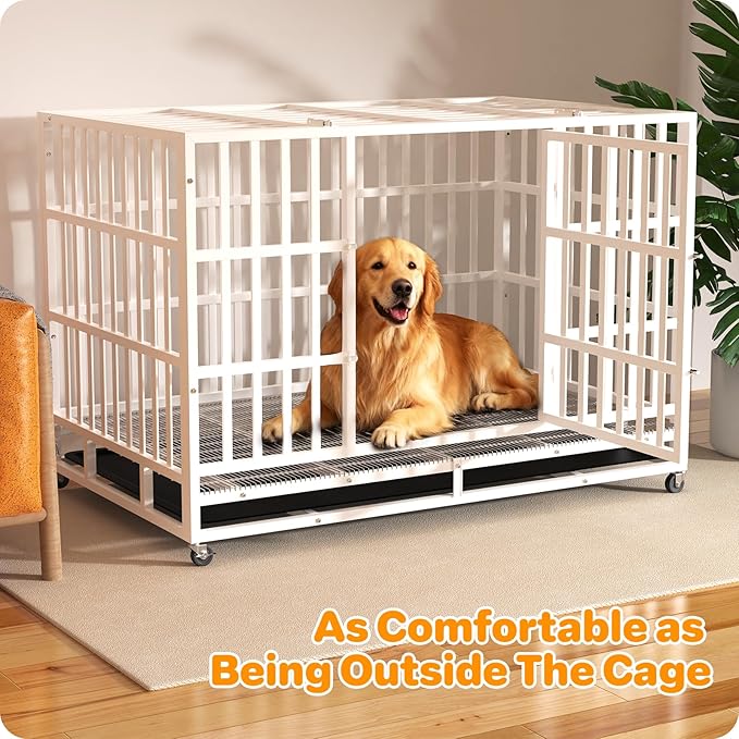 Heavy Duty Indestructible Dog Crate 48 Inch with Removable Tray, Sizes & Colors Optional, Escape Proof Double Door High Anxiety Cage Indoor, Kennel with Wheels for Large Dogs, XL XXL XXL