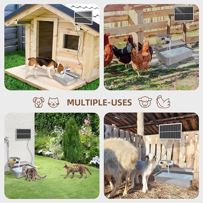 Automatic Water Dispenser for Dogs 2 Gallons, 304 Stainless Steel Solar Circulating Water Bowl for Pet Dog Cat and Livestock, 3/4" GHT Faucet Adapter - Indoor & Outdoor Use