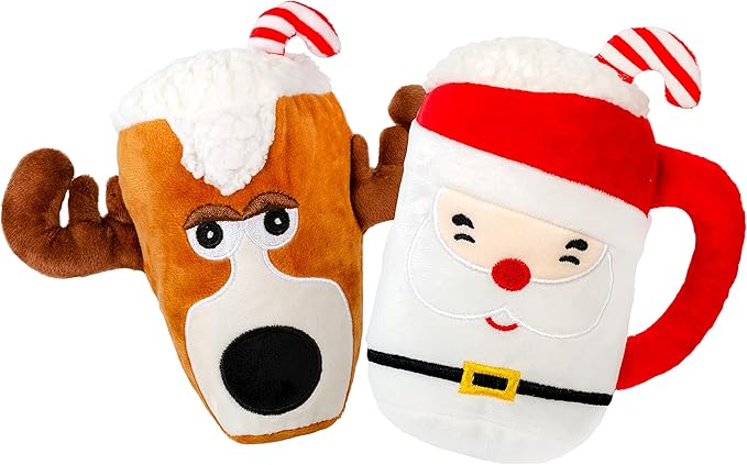 Giftable World Holiday Plush Pet Toy Fun for Christmas Designs with Squeaker Dog Chew Toy (6.5" Santa & Reindeer Cups 2 Pcs)