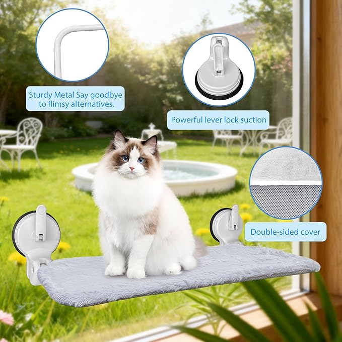 L&W BROS. Cat Window Perch with Lever Lock Suction Cups Holds up to 50 lbs Foldable & Space Saving Design Heavy Duty Window Hammock for Large Cats (L 1Pc)