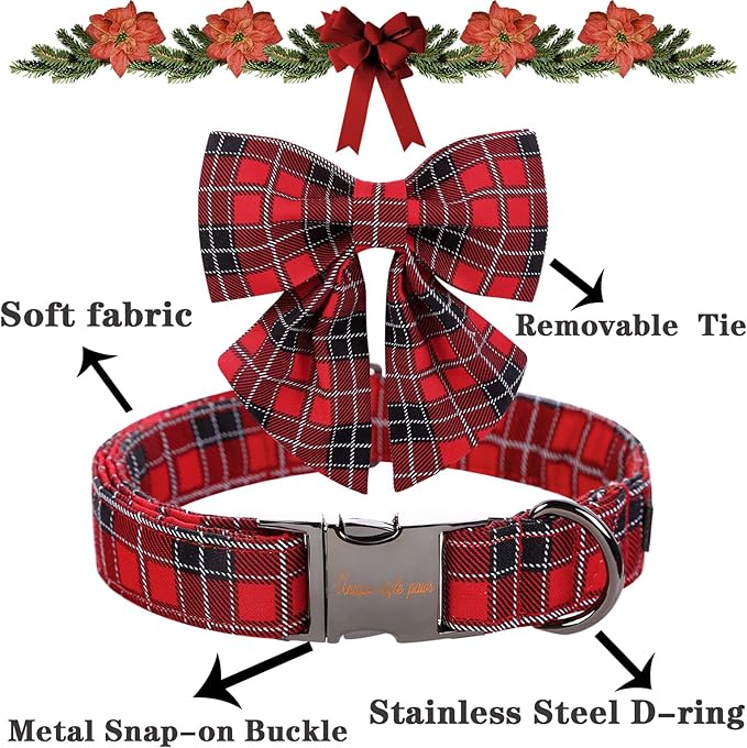 Unique style paws Christmas Dog Collar with Tie Red Black Grid Cotton Collar Adjustable Puppy Plaid Collar for Small Medium Large Dogs-XS