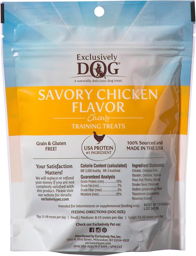 Exclusively Dog Chewy Training Treats Savory Chicken Flavor Grain Free Gluten Free, 100% sourced and Made in The USA, 6 oz.