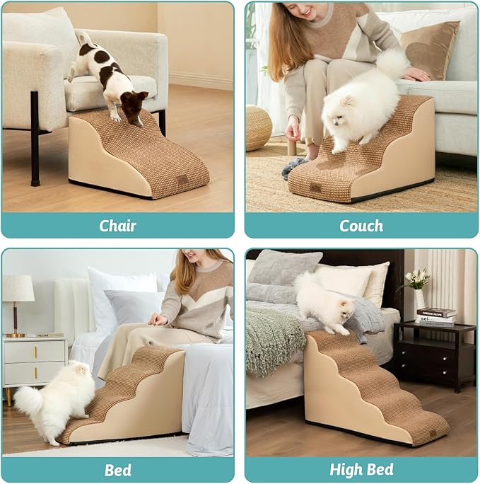 Dog Stairs for High Bed 22.6" H, Small Dog Step for Puppy, Older or Cat, Curved Ramp for Car, Ladder with High Density Foam, Lightweight, Durable, 5 Step, 15.7x33x22.6 inch, Light Brown