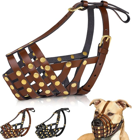 OOPSDOGGY Pitbull Dog Muzzle for Large Dogs - Leather Breathable Secure Basket Muzzle for Medium Large Breeds Prevents Biting No Chewing Amstaff Staffordshire Terrier (Brown, Size 4 - Pitbull)