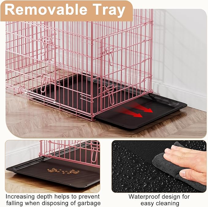 FDW 30inch Dog Crate Pet Cage with Metal Folding Design Plastic Tray Indoor Outdoor Dog Kennel Cage for Small and Medium Dogs,Pink