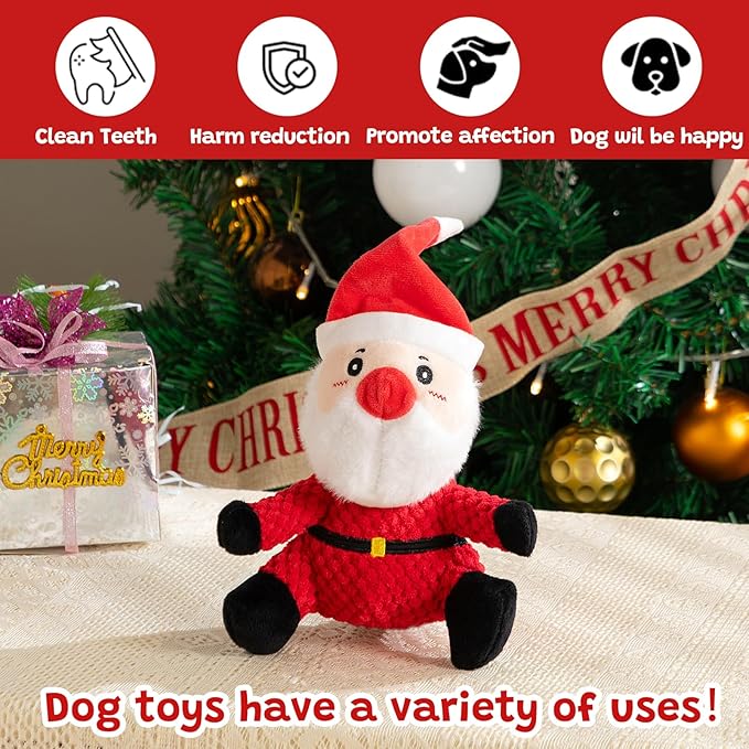 Hollypet Christmas Squeaky Plush Stuffed Durable Dog Toys, Cute Puppy Chew Toys for Small, Medium and Large Breed Dogs, Sitting Santa Claus
