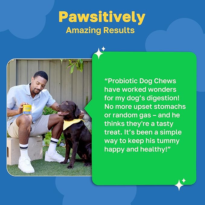 Happy Paws Probiotic Supplement for Dogs, Gut, Skin, Coat & Immune Support for All Breeds & Ages, Made with Coconut Oil & Vitamin E, Vegan Chicken Flavor, Organic, Non GMO, 100 Soft Chews
