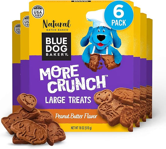 Blue Dog Bakery More Crunch Biscuits | Large, Crunchy Peanut Butter Flavor Treat | Natural Healthy Dog Treats - 18 oz (Pack of 6)