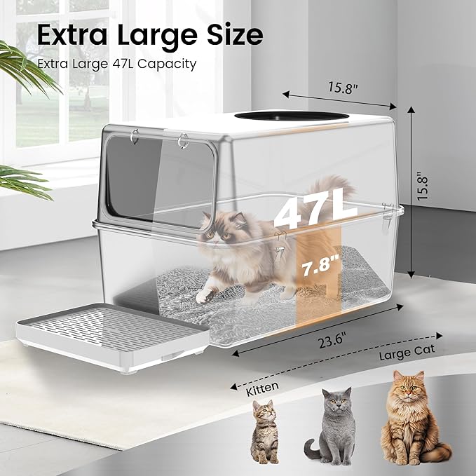 Stainless Steel Litter Box with Lid – Dog Proof, XL Enclosed Metal, High Side, Odor Control, for Big Cats & Multi-Cat Household, Top and Front Entry (Grey Silicone Edge)