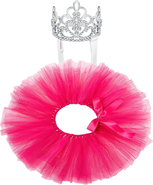 2 Pcs Dog Crown Headband Dog Tutu Dress Set Crystal Rhinestone Tiara Crown Tutu Skirt Pet Dress Costume for Puppy Birthday Party Wedding Photo Prop Costume(Large,Rose Red)
