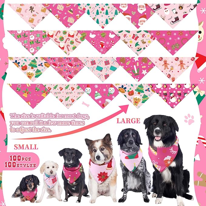 100 Pcs Christmas Dog Bandanas Bulk Pet Bibs Pink Triangle Scarf Pink Pet Bandanas for Medium Large Girls Dogs Christmas Xmas Party Birthday Costume Decor