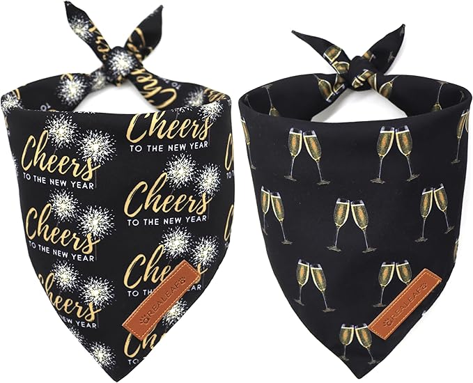 Realeaf New Year Dog Bandanas 2 Pack, Cheers to The New Year Dog Scarf for Boy and Girl, Premium Durable Fabric, Holiday Bandana for Medium and Large Dogs Cats Pets (Large)