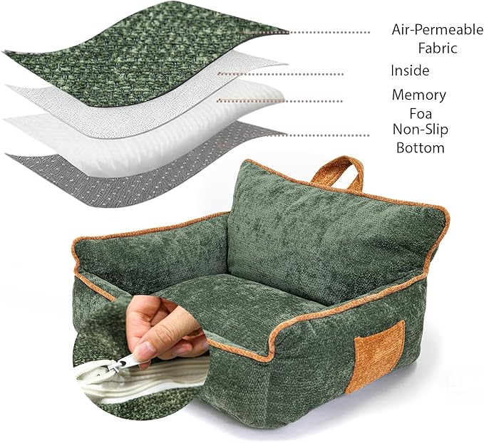 Large Orthopedic Dog Sofa Bed with Sides, Carry Handle & Side Pockets .Plush Chenille Orthopedic Pet Bed Couch for Large Dogs.Portable Snuggler for Indoor Use, Travel & Recovery (Green)