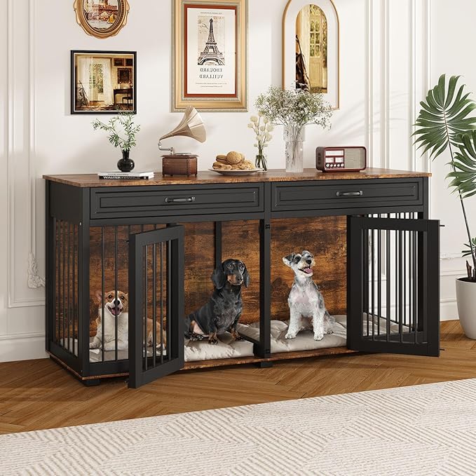 64.6" Furniture Dog Crate,Heavy Duty Wooden Dog Cage Furniture,Indoor Dog Kennel with Drawers & Removable Divider,Luxury Dog House w/Double Rooms for Small Medium Dogs,Rustic Brown