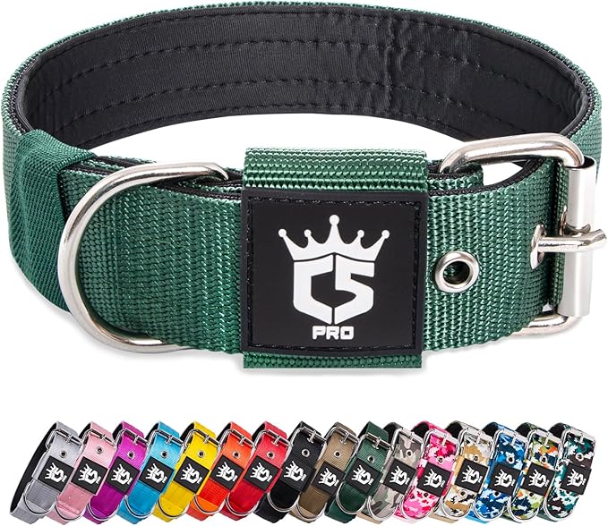 TSPRO Tactical Dog Collar 1.5 Inch Wide Thick Dog Collars with Heavy Duty Metal Buckle, Durable, Strong, Adjustable for Medium to Large Dogs (Green M)
