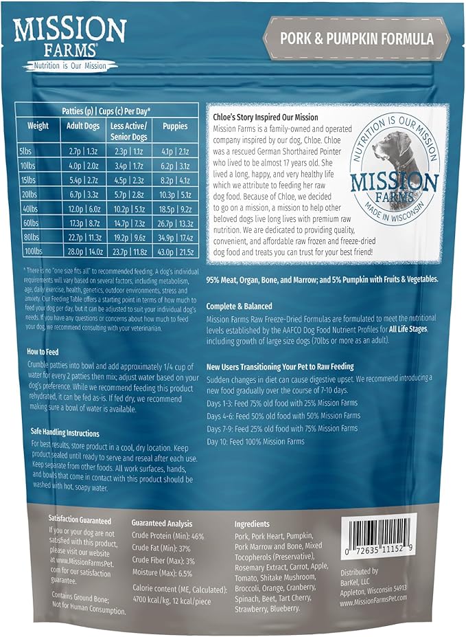 Mission Farms Freeze-Dried Raw Dog Food Pork & Pumpkin Complete & Balanced for All Life Stages, 14 oz