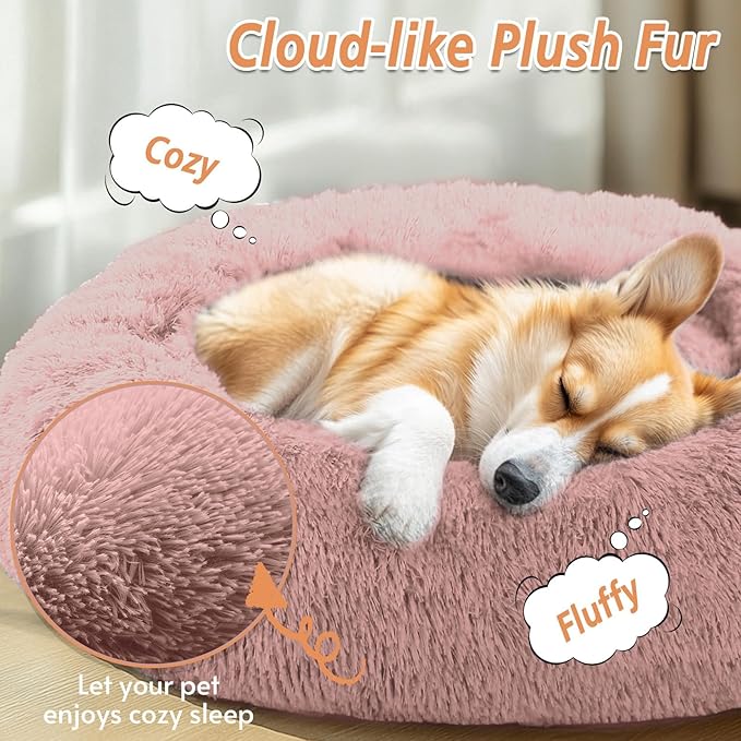 JOLLYVOGUE Calming Dog & Cat Bed for Large Dogs, Anti-Anxiety Donut Cuddler Cozy Soft Round Bed with Anti-Slip Bottom, Fluffy Faux Fur Plush Cushion Beds for Medium Dogs (36")