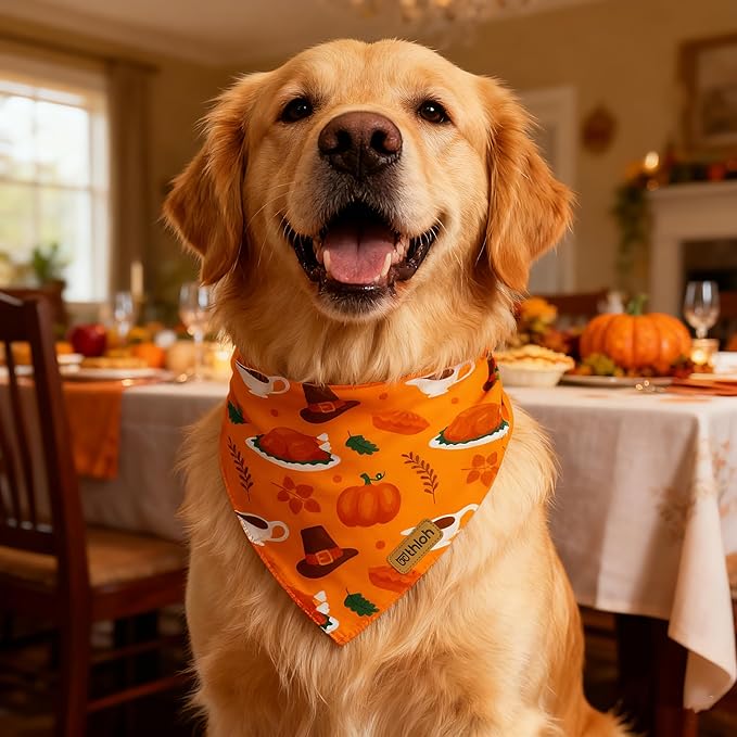 Thanksgiving Dog Bandanas with Snap Button, 2 Pack Adjustable Fall Bandanas for Small, Medium, and Large Dogs, Pumpkin Pet Scarf for Autumn Costume Accessory & Photo Shoot (Small)
