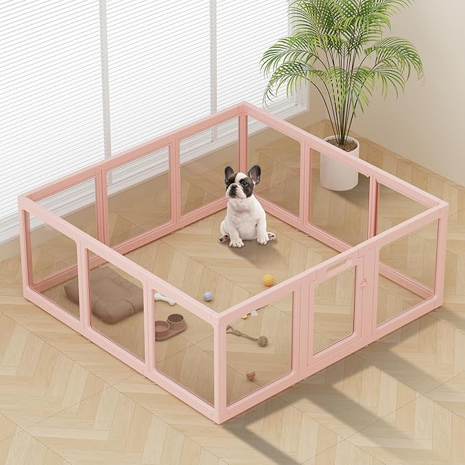 Clear Acrylic Dog Playpen Indoor, Puppy Cat Small Pet Play Pen, Pet Cat Foldable Playpen for Rabbits, Dog Fence Crate Kennel Whelping Cage (Pink, 12 Panel)