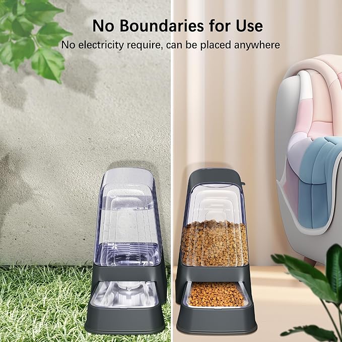 Automatic Dog and Cat Food Feeder and Water Dispenser Set with Stainless Steel Bowls,Gravity Pet Food and Water Feeders,100% BPA-Free,Large Capacity for Cats Dogs Pets… (5L Dark Gray)