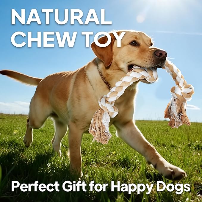 PetiFine Dog Rope Toys for Large/Medium Dogs, Chew Toys for Aggressive Chewers, Natural Cotton 3 Knots Interactive Tug of War Dog Pull Rope, Teeth Cleaning