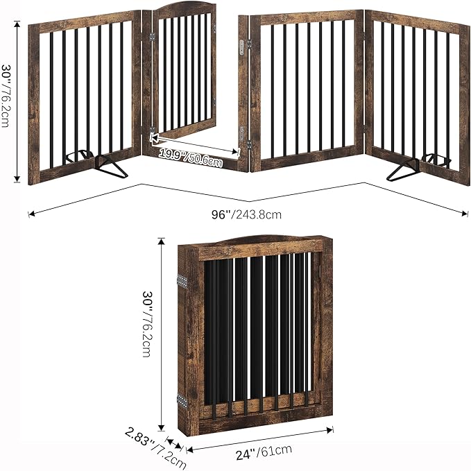 Vantas Folding Pet Gate 96" Wide, 30" Tall No-Assembly Wooden Dog Gate with Door Walk Through, Freestanding Pet Gate, Puppy Safety Fence, with 2PCS Support - Rustic Brown