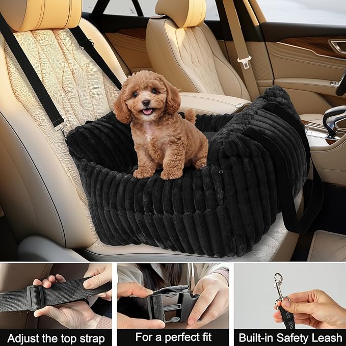 Dog Car Booster Seat, for Small Dogs Under 30 lbs, Detachable Washable Travel Bed with Storage Pockets and Safety Belt (Black, Medium)