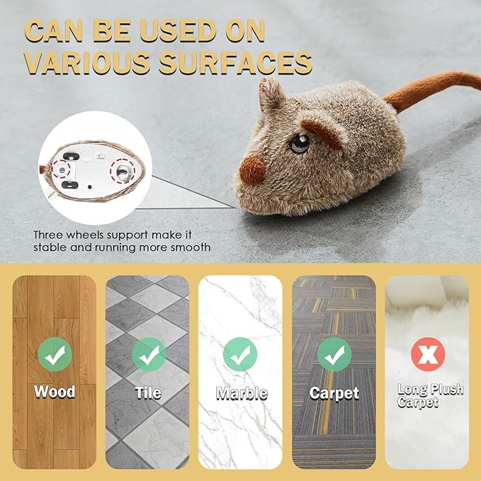 Cat Toys Squeaky Rechargeable Moving Mouse with Dynamic Magic Tail, Automatic Self Play Mouse Interactive Cat Toy for Indoor Cats, Kitten's Electric Multi-Mode Activated Mouse Toy (Brown)