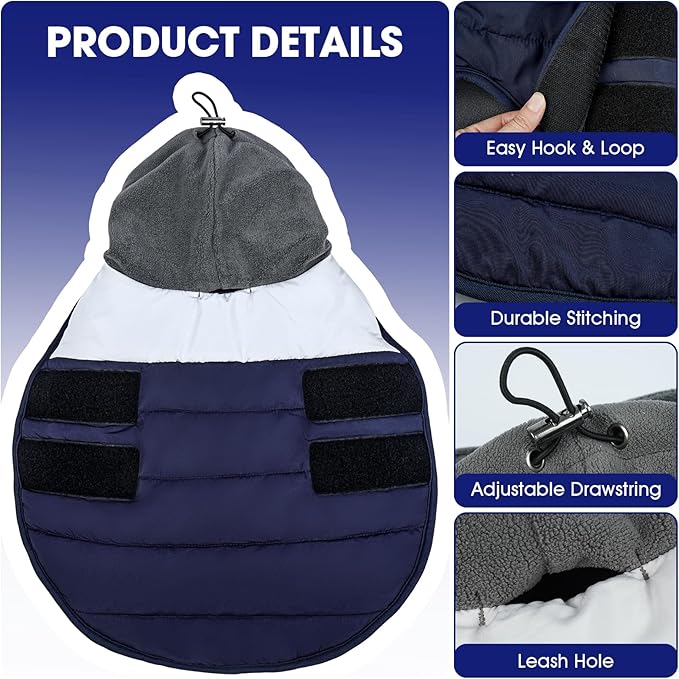 FUAMEY Coats for Dogs Navy L, Winter Jacket Large Dogs Fast Wear for Outdoor Walks, Leash Hole Allows Easy Leash Clip,(L-Navy)